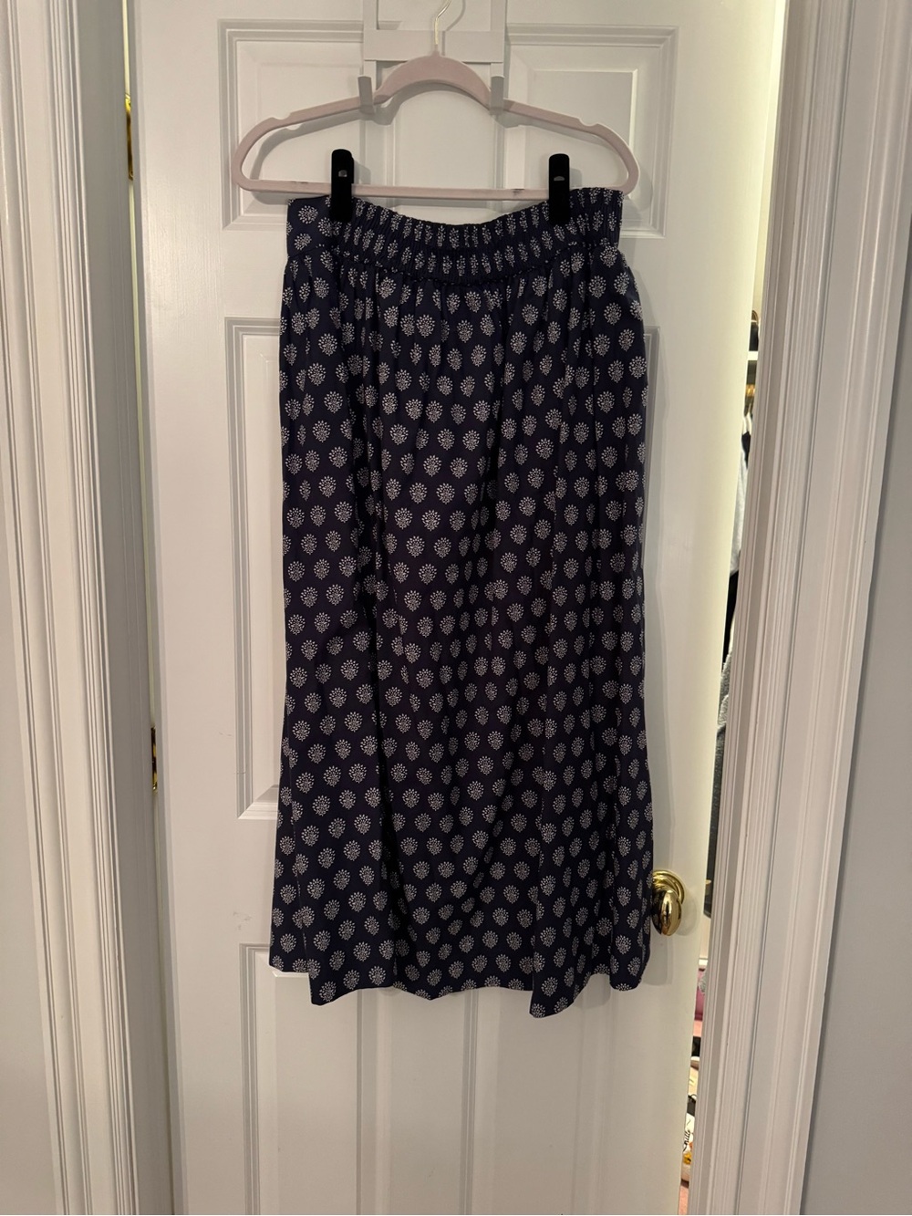 Navy Printed Elastic-Waist Maxi Skirt with White Motif